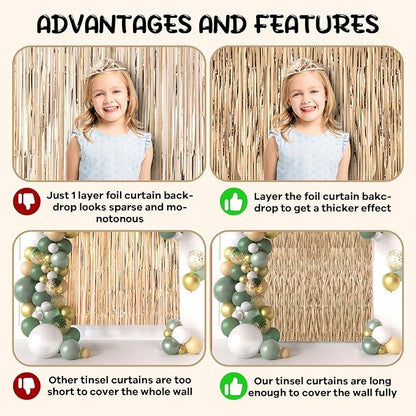 2 Pack Champagne Foil Fringe Backdrop Curtains, Tinsel Streamers Birthday Party Decorations, Fringe Backdrop for Graduation, Baby Shower, Gender Reveal, Disco Party