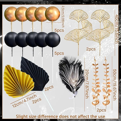 Boho Cake Topper Man Cake Toppers Happy Birthday Cake Topper Black Gold Balls Cake Decorations for Roaring 20s Cake Decoration Wedding Baby Shower Party Decoration