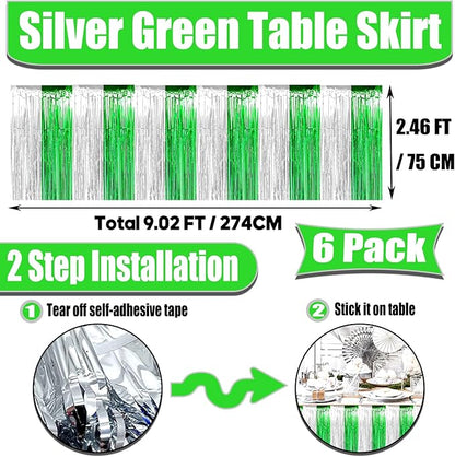 6 Pack 29x108 Inch Silver Green Metallic Foil Fringe Tinsel Table Skirts for Rectangle Tables Streamer Curtains Backdrop for Birthday, Parade Floats, Mardi Gras, St Patrick Day Party Decoration