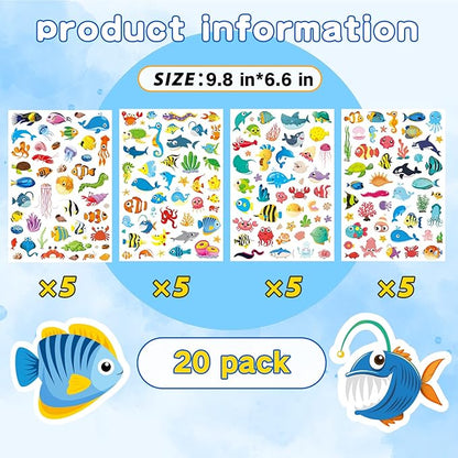 Cute Ocean Sea Animal Adhesive Stickers Tropical Fish Shark Stickers 890 Count for Boys Girls Birthday Invitations Envelopes Mermaid Under The sea Party Goodie Gifts Bags Decor Class Rewards
