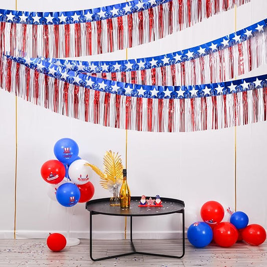 Mega-L 4th of July Decorations 2Packs 39 Feet Foil Fringe Garland Tinsel Streamers, Red White and Blue Star Metallic Hanging Backdrop Banner Table Skirts for Parade Floats Memorial Day Patriotic Party