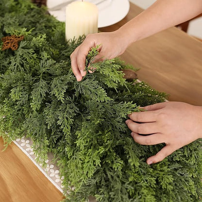 9FT Real Touch Cedar Garland - Artificial Christmas Garland Fake Green Faux Thick and Lush Pine Needles Garlands for Table Fireplace Mantle Holiday Home Indoor Outdoor Decor (2PCS)