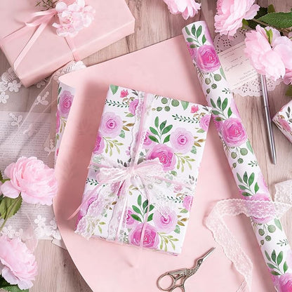 RUSPEPA Reversible Floral Wrapping Paper Roll, Mini Roll, Pink Rose Blossom Design and Pink Solid Color, Elegant Gift Wrap for Birthday, Wedding, Mother's Day, Bridal Shower, 17 Inches x 16.4 Feet