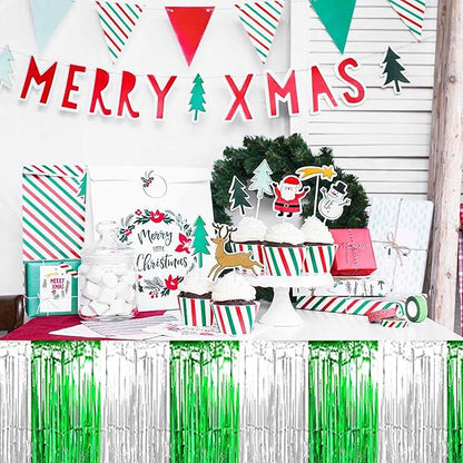 3 Pack 29 x108 Inch Silver Green Foil Fringe Table Skirts Metallic Banner for Tinsel Streamer Garland Backdrop for Parade Floats Mother's Day, Graduate, Birthday, Wedding Party Decoration