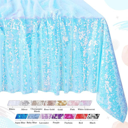 QueenDream Iridescent Tablecloth Blue Sequin Table Cloth Overlay Glitter Mermaid Birthday Party Decorations 90x132 Inches