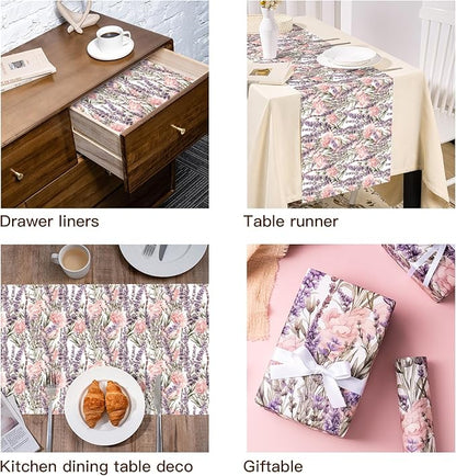 WRAPAHOLIC Kraft Floral Wrapping Paper - Mini Roll - 17 Inch x 16.5 Feet - Purple Lavender Flower Wrapping Paper for Wedding, Birthday, Bridal Shower, Tea Party, Drawer Liners, Home Closet Shelves