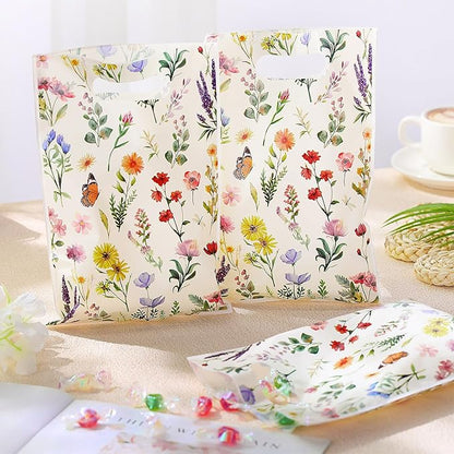 100 Pcs Wildfloral Gift Bags Vintage Wildflower Party Favor Bag with Handle Wildfloral Plastic Goodie Candy Treat Gift Wrapping for Summer Baby Shower Birthday Wedding Party Supplies (White)