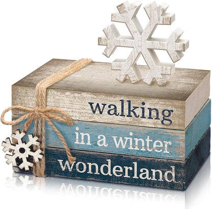 4 Pcs Christmas Table Decorations Winter Snowflake Tiered Tray Decorations Decorative Mini Wooden Books Signs Block Centerpiece for Shelf Office Tabletop Bookshelf Housewarming Gifts