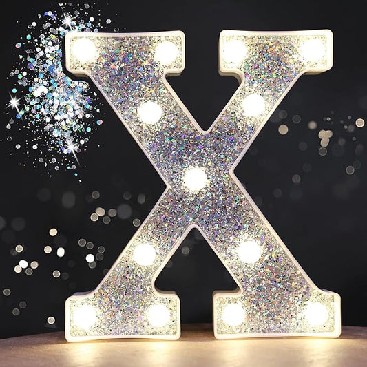 Pooqla Light Up Letters, LED Marquee Letters for Silver Birthday Decorations, Battery Powered Night Light Teenager Girl Room Decor, Gift for Girls Boys Wedding Bedroom Christmas Party Decor, Letter X