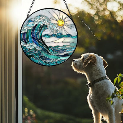 Stained Glass Window Hanging - Blue Green Waves Suncatcher for Door Terrace Garden Home Decor Sunrise Over The Sea Sun Catcher Birthday Gifts for Lovers Women Men Dad Mom Nana7.8 in