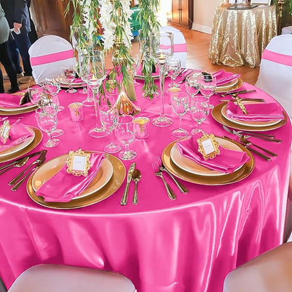 12 Pack 108 Inch Hot Pink Satin Tablecloth - Silky Round Tablecloth Overlay Smooth Fabric Table Cover, Bright Table Decoration for Wedding Party Banquet Events Restaurant Kitchen Dining