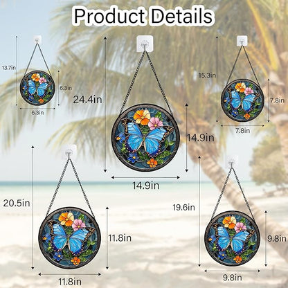 Stained Glass Window Hanging, Blue Butterfly Flower Suncatcher for Doors Home Sun Catchers Decoration and Christmas, Mother's Day Birthday Gifts for Women, Men, and Mom 7.8 in