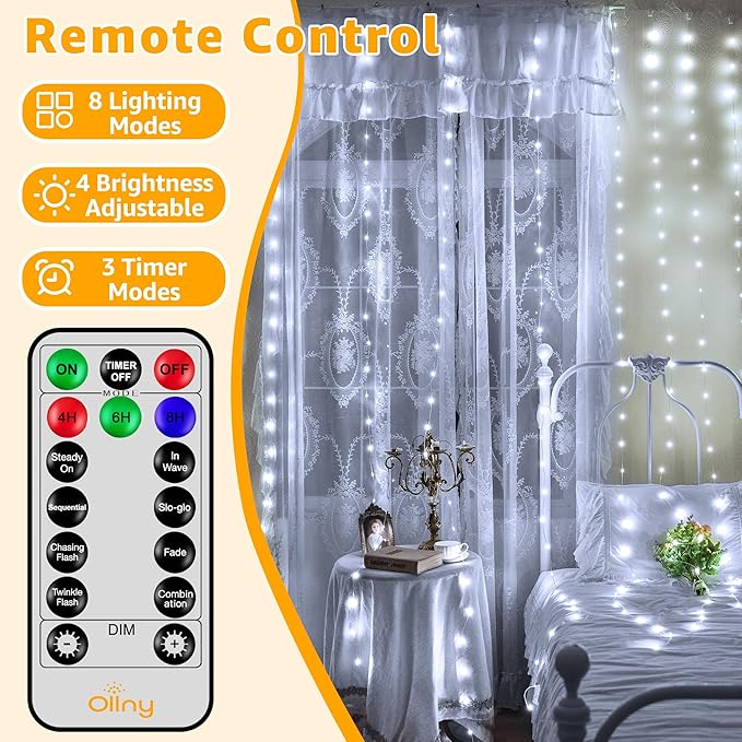 Ollny Curtain Lights 600LED 19.7ft x 9.8ft, IP67 Waterproof Outdoor Curtain Rice Lights with Remote, Plug-in Untangle Fairy Curtain Light with 8 Modes 3 Timers for Wall Backdrop Decor(Cool White)