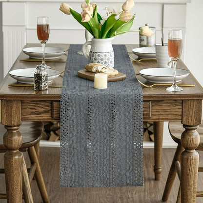 Artoid Mode Dark Grey Farmhouse Woven Rustic Hollow Table Runner, Seasonal Holiday Hollow Kitchen Dining Table Decoration for Home Party Decor 12x72 Inch
