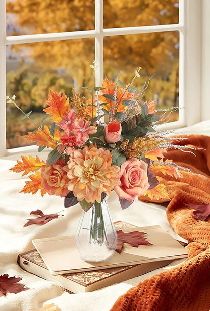 Artificial Flowers with Vase,Orange Silk Roses and Fake Plant Eucalyptus in Vase,Faux Flower Arrangement with Vase Suitable for Home Office Decoration, Living Room and Dining Table Centerpiece