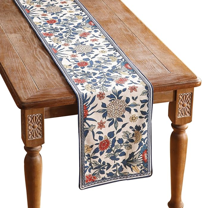patdrea Designer Blue Cottage Rustic Floral Patterned Linen Table Runner 87 Inch Long,Wrinkle Resistant Table Mat,Decoration for Kitchen Dining and Coffee Tables Banquet Christmas , 12"x87"