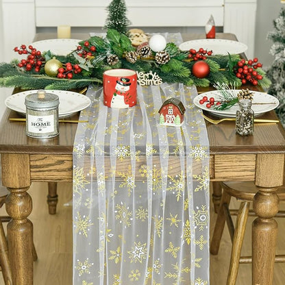 Artoid Mode Gold Snowflakes Christmas Gauze Table Runner 120 Inch 10FT, Winter Seasonal Sheer Dining Holiday Wedding Table Decor for Home Party