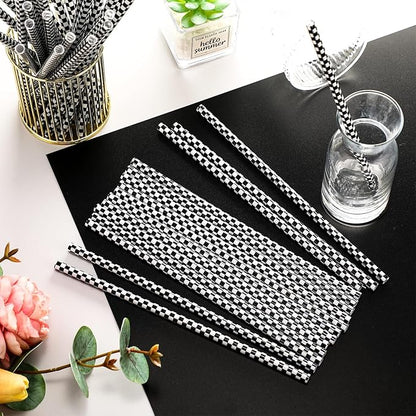 Domensi 50 Pcs Black and White Checkered Racing Straws Plastic Disposable Drinking Straws Hard Plastic Reusable Striped Flag Party Supplies for Race Car Sports Themed Birthday Decoration
