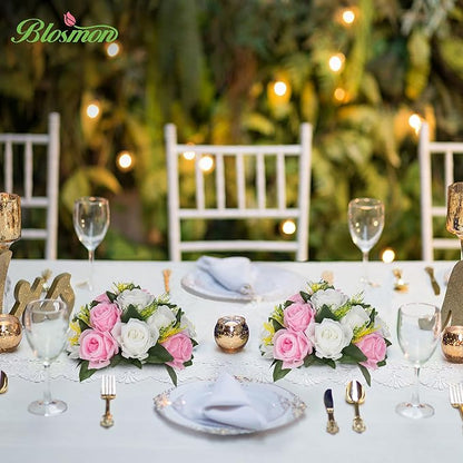 BLOSMON Flower Balls Rose Centerpieces: 10 Pcs Pink White Fake Flowers Kissing Balls Decor Artificial Wedding Floral Arrangements Silk Flower Bouquet with Base Home Party Room Table DIY Decorations