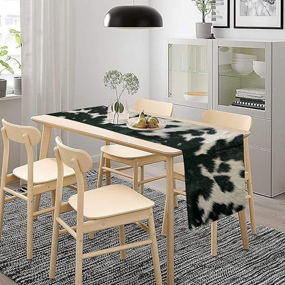 Cow Skin Print Table Runner, Rustic Country Farm Fur Skin Cowhide Pattern Western Style Black White Print Table Runner for Home Kitchen Dinning, 13x36 Inch