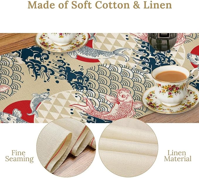 Japanese Table Runner Oriental Tradition Kio Fish Art Printed Burlap Runner Home Kitchen Dining Table Living Room Decor Fabric 1 Panel W13xL108in