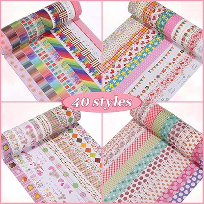 Washi Tape Set - 40 Rolls of 1.5cm Wide Decorative and Craft Tape for Scrapbooking and Bullet Journal Supplies