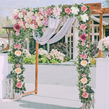 Waipfaru Artificial Flower Garland with Lights, 6.07Ft Lighted Eucalyptus Greenery Garland, Pink Rose Floral Vines for Wedding Table Runner Centerpieces Backdrop Decor