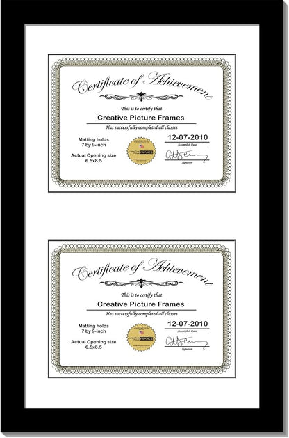 Creative Picture Frames 10X16Bk-B Black Vertical Double Diploma Frame With 2 Opening Black Matting | Holds 2-7X9-Inch Documents With Installed Wall Hanger