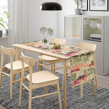 Patchwork Flower Table Runner,Abstract Colorful Floral Retro Style Hand Drawn Tablecloth Burlap for Hotel Indoors Outdoor Dining Room Kitchen Home Decor,W13X L90 in