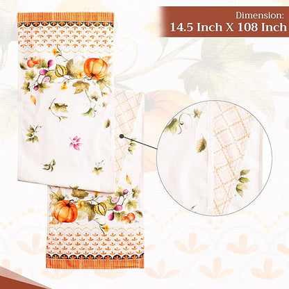 Maison d' Hermine Table Runner 100% Cotton Double Layer Table Runners 108 inches Long for Thanksgiving Christmas Decorations Home Kitchen Dining Wedding (Pumpkin Garden - Cloudy Cream, 14.5" x 108")