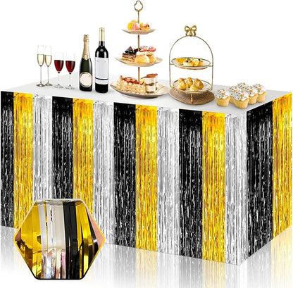 3 Pack 29 x108 Inch Black Gold Silver Foil Fringe Table Skirts Metallic Banner for Tinsel Streamer Garland Backdrop for Parade Floats Wedding Thanksgiving Birthday Christmas Halloween Party Decoration