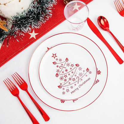 Supernal 150pcs Christmas Dinnerware - Plastic Plates, Cups, Silverware with Red Christmas Tree Pattern for Party and New Year