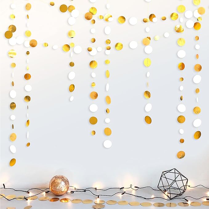46 Feet White and Gold Circle Dots Garland Hanging Paper Polka Dots Streamer for Birthday Bachelorette Engagement Anniversary Wedding Baby Bridal Shower Christmas Holiday Party Decorations Supplies
