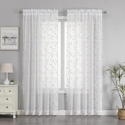 VISIONTEX White Sheer Voile Curtains, Decorative Orange Leaves Embroidery Faux Linen Rod Pocket Window Drapes for Home Kitchen, Living Room and Bedroom 54 x 63 Inch, Set of 2 Curtain Panels