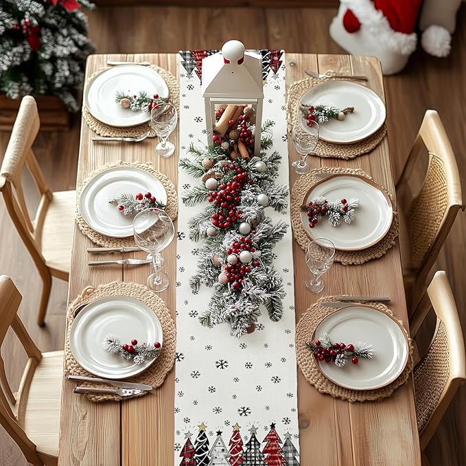 GEEORY Christmas Table Runner 13x120 Inch, Xmas Tees Snowflakes Holiday Decorative Farmhouse Table Decoration for Kitchen Dinning, Indoor Outdoor Dinner Party Decor ((Red & Black) GT165-120