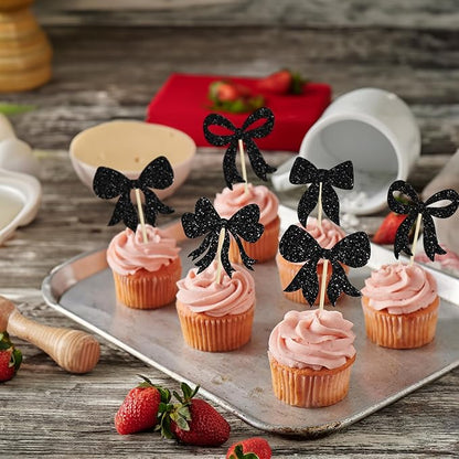 Gyufise 36Pcs Bow Cupcake Toppers Glitter Girls Birthday Decorations Bowknot Cupcake Picks Bow Tie Birthday Decorations Bow Cake Toppers for Bridal Baby Shower Bachelorette Party Supplies Black