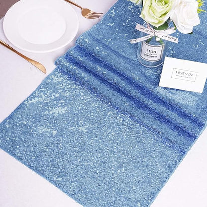 Sequin Table Runners 2 Pieces Baby Blue Table Runners 12x72 Inch Glitter Dining Table Cover for Party Wedding Birthday Reception Banquet Decoration Spring Party Chair Sashes