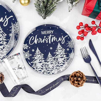 Supernal 150pcs Christmas Dinnerware Set - Blue and White Plates With Trees Design, Blue Silverware, Santa and Moose Silver Cups for New Year