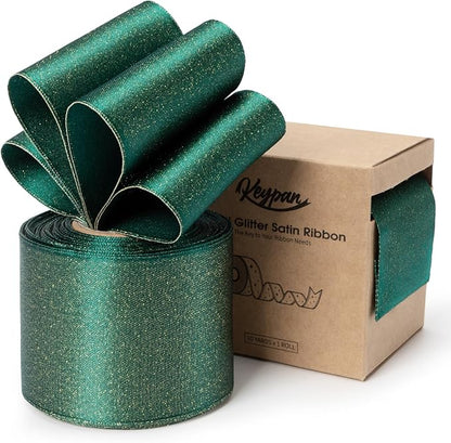 Christmas Ribbon Wired Green Satin Ribbons 2-1/2 Inch Double-Faced Gold Glitter for Tree Decoration, Wreath, Gift Wrapping, Home Decor 10 Yards