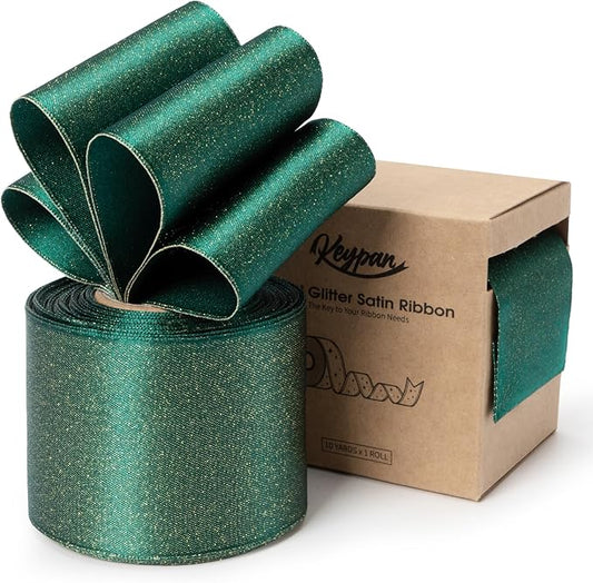 Christmas Ribbon Wired Green Satin Ribbons 2-1/2 Inch Double-Faced Gold Glitter for Tree Decoration, Wreath, Gift Wrapping, Home Decor 10 Yards