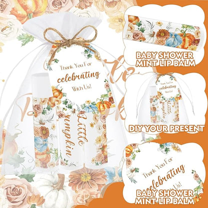 50 PCS Baby Shower Lip Balms for Guests, Boys Girls Neutral Gender Reveal Baby Shower Party Favors with Thank You Card Tags Thanksgiving Decorations Pumpkin Flower