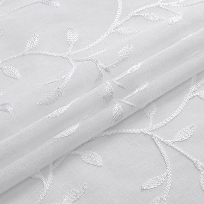 VISIONTEX White Sheer Voile Curtains, Decorative Beige Leaves Embroidery Faux Linen Rod Pocket Window Drapes for Home Kitchen, Living Room and Bedroom 54 x 63 Inch, Set of 2 Curtain Panels