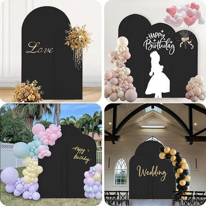 WEERRW Wedding Arch Cover Black Spandex Fitted Set of 3 Balloon Arch Stand Covers Round Top Chiara Stretchy Backdrop for Birthday Party Baby Shower Banquet Decoration (6FT, 6.6FT, 7.2FT)
