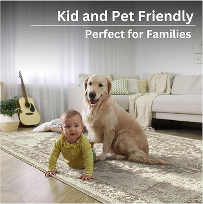 Bloom Rugs Washable Non-Slip 8' x 10' Rug - Light Brown Traditional Medallion Area Rug for Living Room, Bedroom, Dining Room, and Kitchen - Exact Size: 8' x 10'