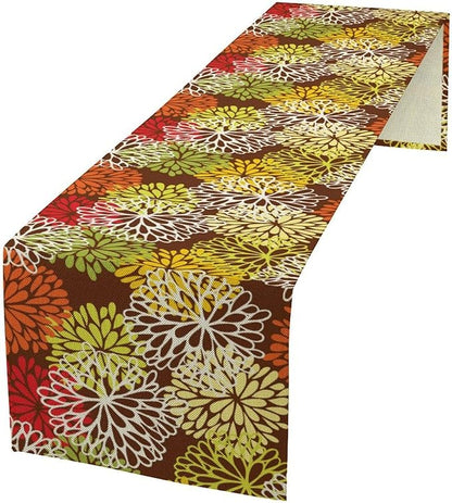 Brown Dahlia Floral Table Runner, Seasonal Autumn Thanksgiving Pattern Print for Home Kitchen Table Decor Dining Coffee Room Party Decor 13x120 Inch