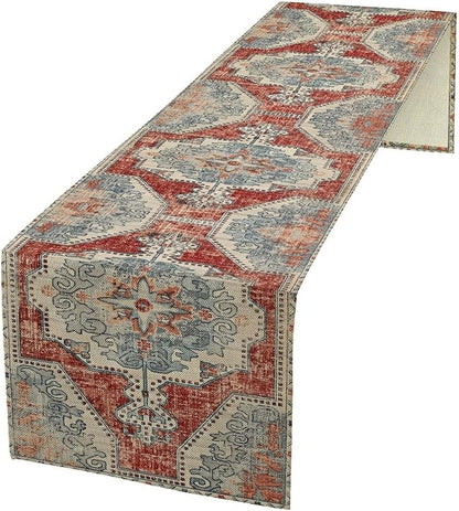 Boho Floral Vintage Table Runner, Retro Blue Red Flower Rustic Country Farmhouse Abstract Pattern for Home Kitchen Table Decor Dining Coffee Room Party Decor 13x72in