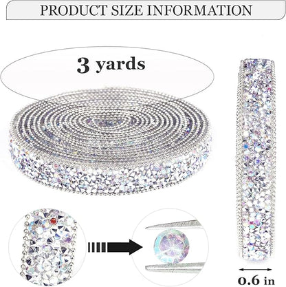 Rhinestone Ribbon 3 Yards Self Adhesive Rhinestone Strips Diamond Ribbon Sticker Crystal Roll Glitter Bling Rhinestones Tape for Crafting DIY Art Decoration (Silver AB,0.6 Inch)