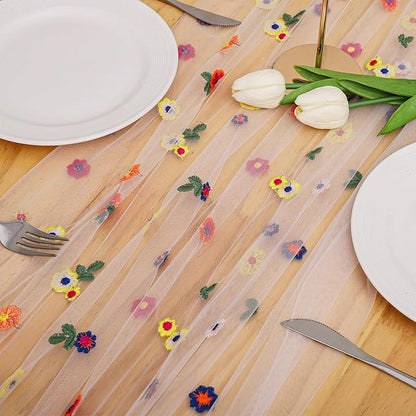 BINBE 12pcs Daisy Fall Table Runner Embroidery Gauze 10FT Florals Seasonal Tulle Holiday Birthday Kitchen Dining Table Decor for Home Party Ivory