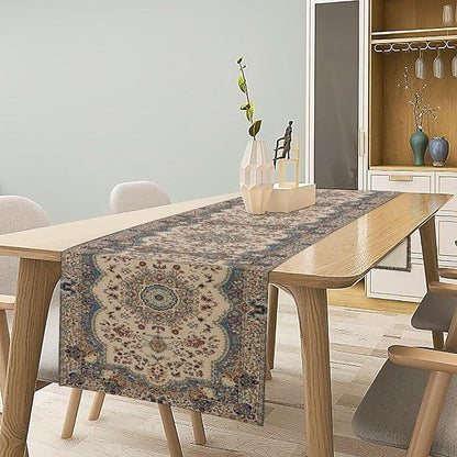 Boho Bohemia Style Table Runner, Vintage Blue Teal Gold Retro Flower Rustic Country Style Floral Print Pattern for Home Kitchen Table Decor Dining Coffee Room Garden Party Decor 13x90in