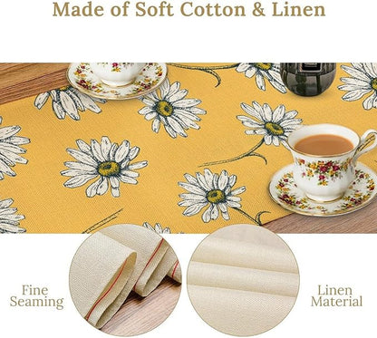 Daisy Table Runner, Spring Floral Seasonal Summer Yellow Flower Rustic Farmhouse Table Center Decor for Home Kitchen Dining Patio Holiday Party Indoor Outdoor Table Decorations, 13"x36" Inch